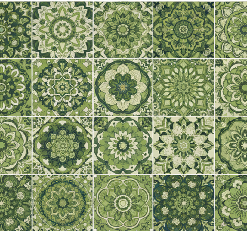 Alfombra vinílica cocina efecto caleidoscopio verde musgo - TenVinilo