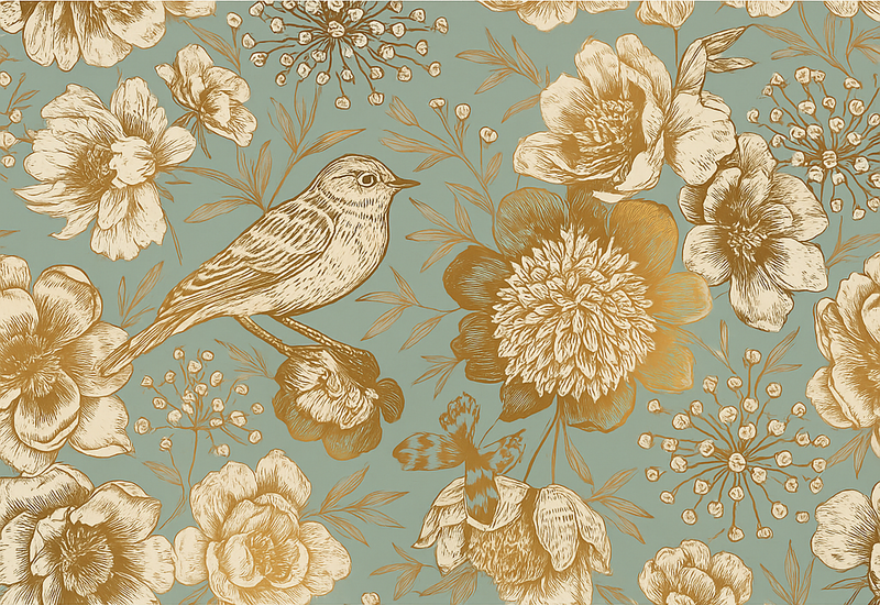 Alfombra vinílica dormitorio fondo gris con flores doradas - TenVinilo