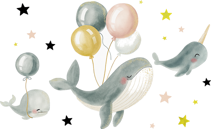 Alfombra vinílica dormitorio ballenas felices con globos - TenVinilo