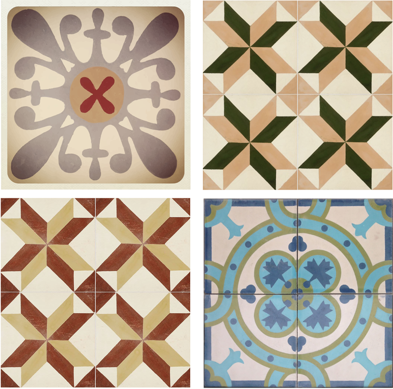 Alfombra vinílica beige con cenefa mosaico hidráulico - TenVinilo