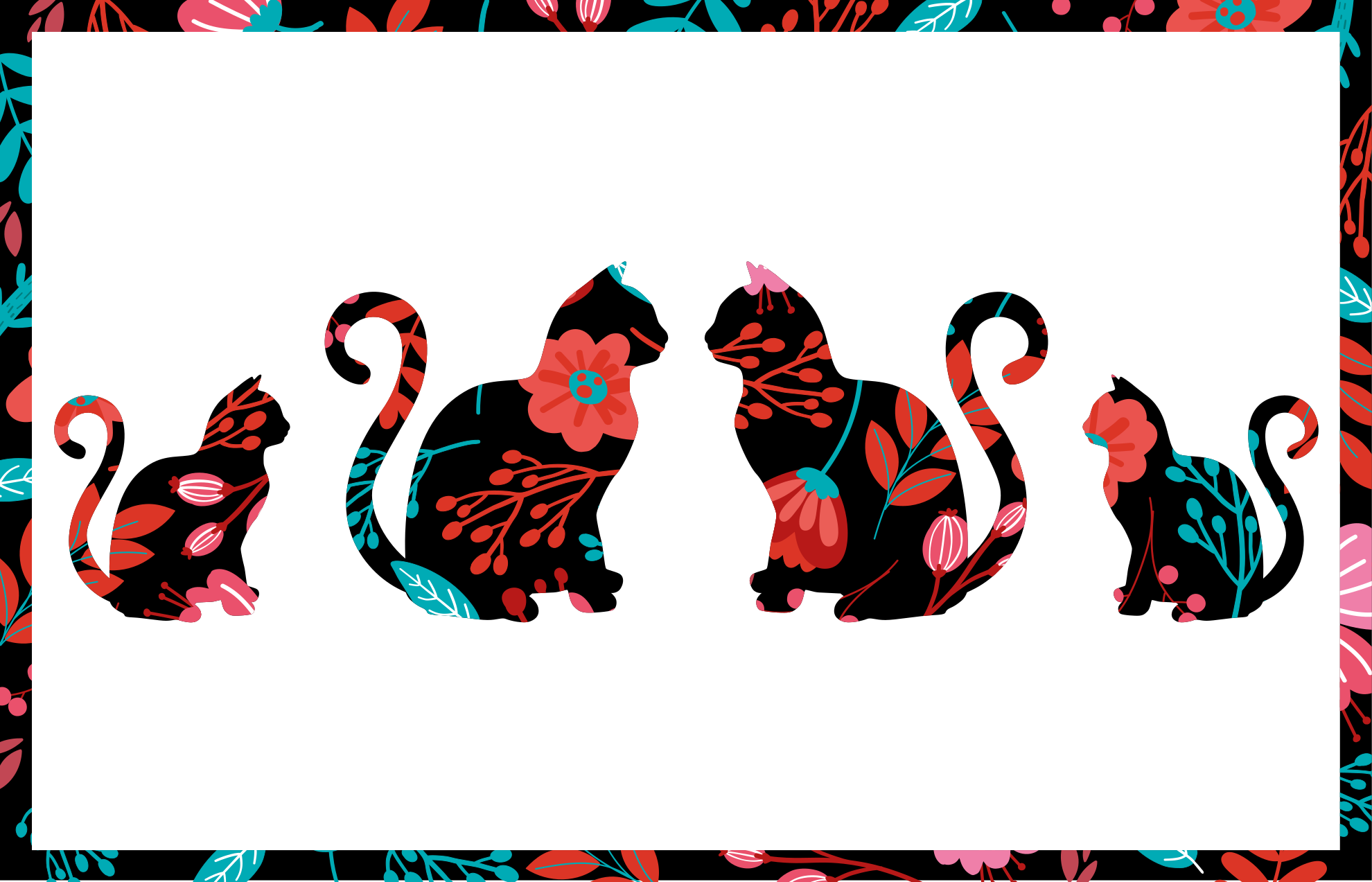 Alfombra vinílica flores siluetas de gatos coloridas - TenVinilo