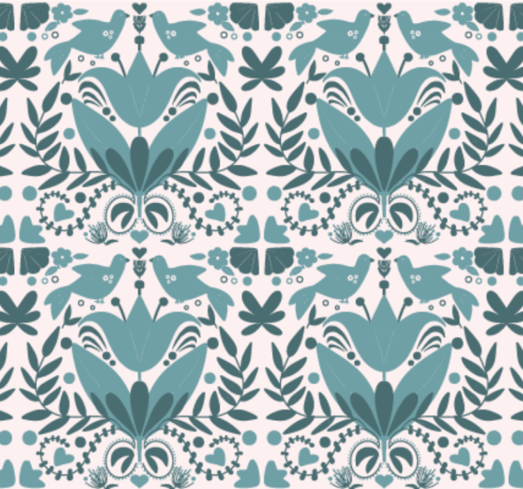 Papel tapiz cocina patrón folk azul con aves - TenVinilo