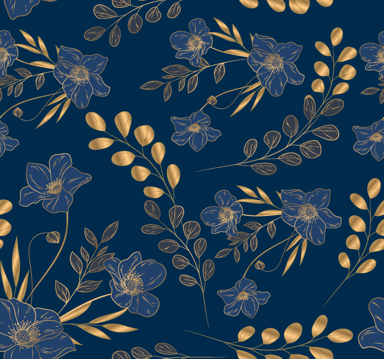 Papel tapiz navy patrón de flores doradas - TenVinilo