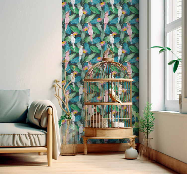 Papel pintado de pájaros pájaros tropicales y hojas - TenVinilo
