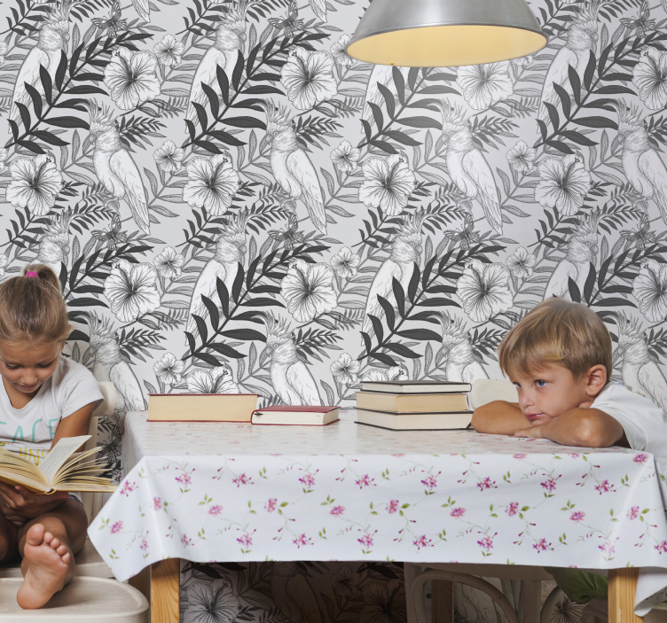 Papel tapiz selva bosquejo monocromo floral - TenVinilo