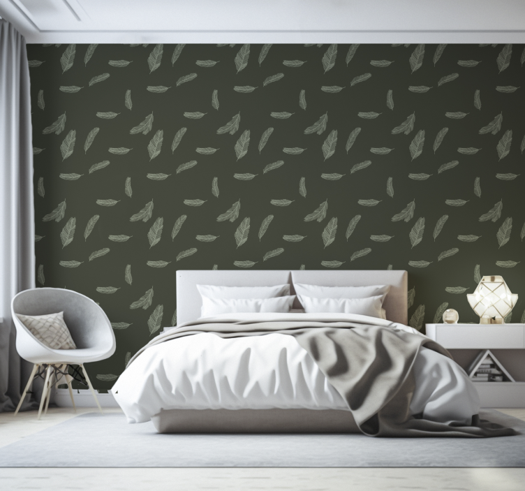 Papel dormitorio matrimonio plumas verdes minimalistas - TenVinilo