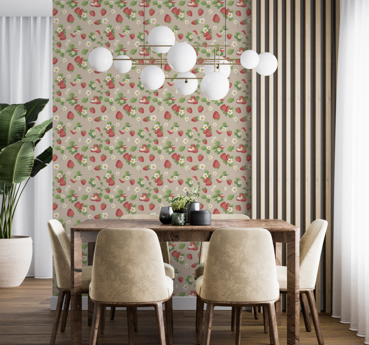 Comedor papel pintado fresas y flores - TenVinilo