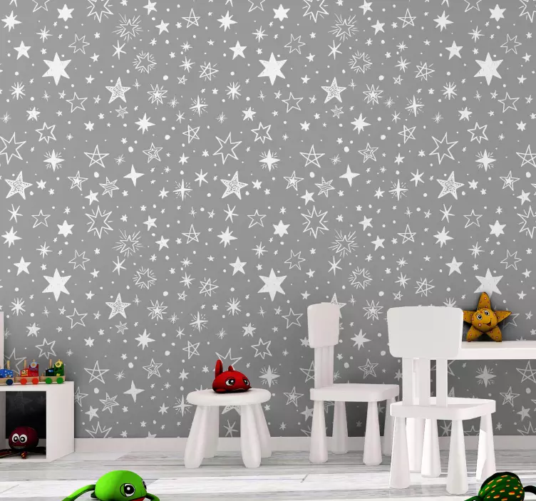 Papel pintado infantil gris de estrellas blancas - TenVinilo