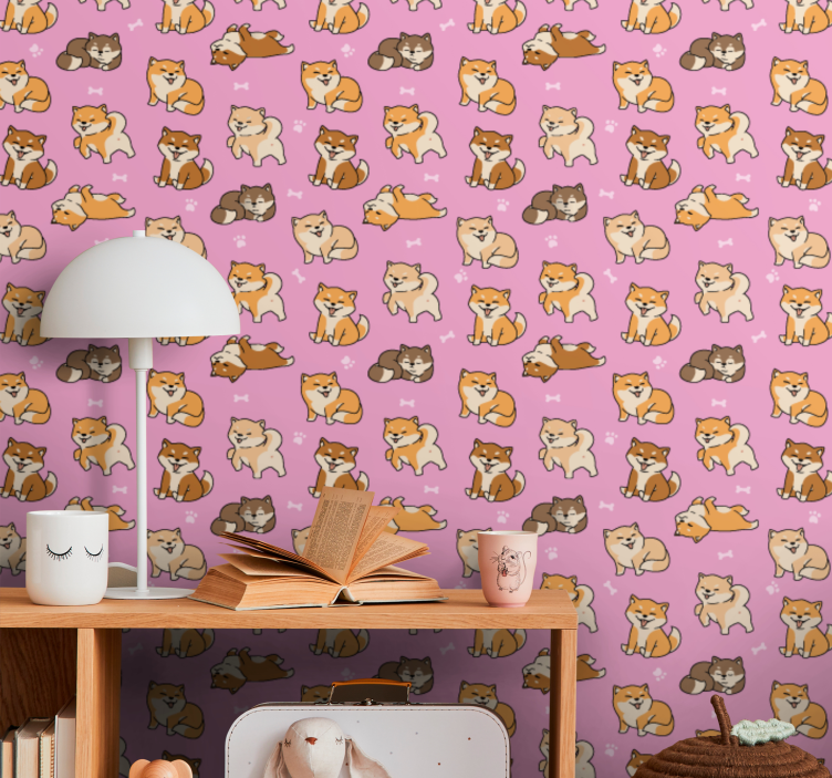 Papel pintado infantil Bonito patrón con corgi y fondo rosa - TenVinilo