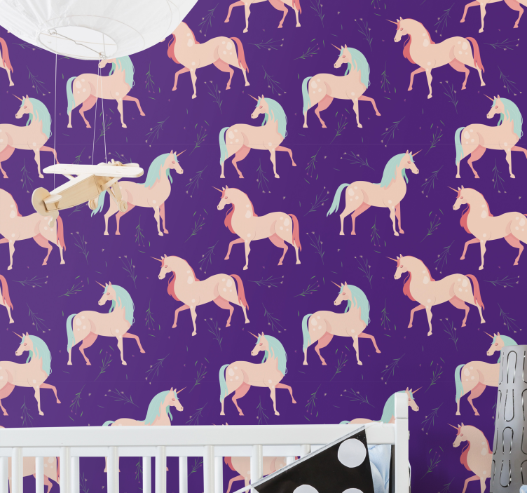 Papel pintado infantil morado de unicornios - TenVinilo