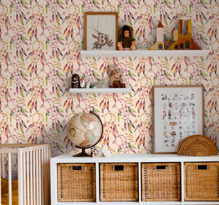 Papel tapiz infantil patrón de atrapasueños floral - TenVinilo