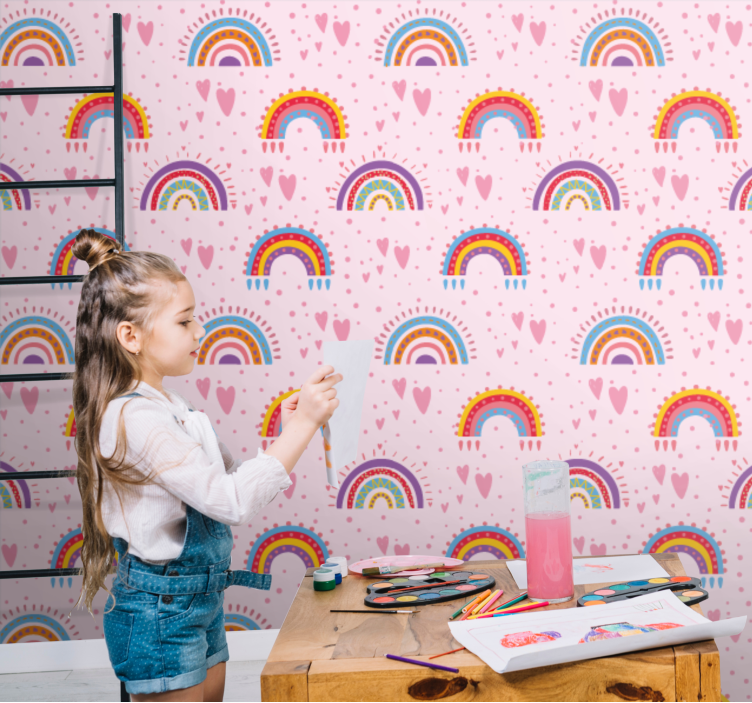 Papel pintado infantil Puntos rosados y arcoiris de colores - TenVinilo