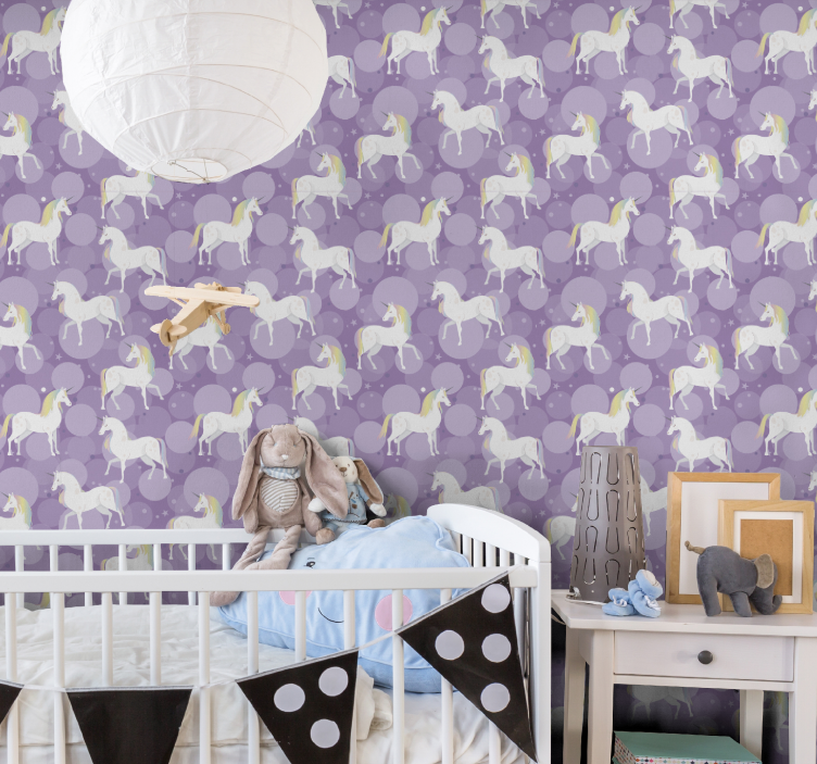 Papel pintado infantil unicornios fondo morado - TenVinilo