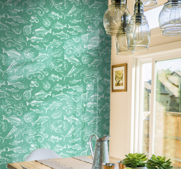 Papel pintado animal bosquejo de peces - TenVinilo