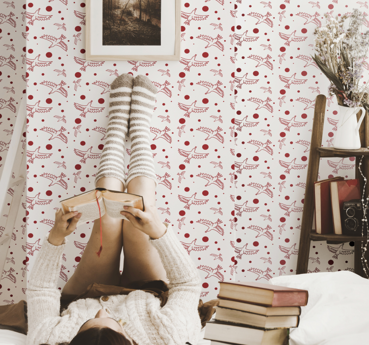 Papel pintado aves patrón tonos rojos - TenVinilo