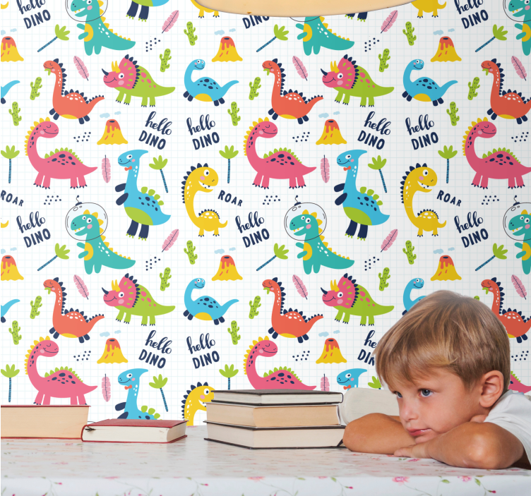 Papel pintado patrón de dinosaurio multicolor - TenVinilo