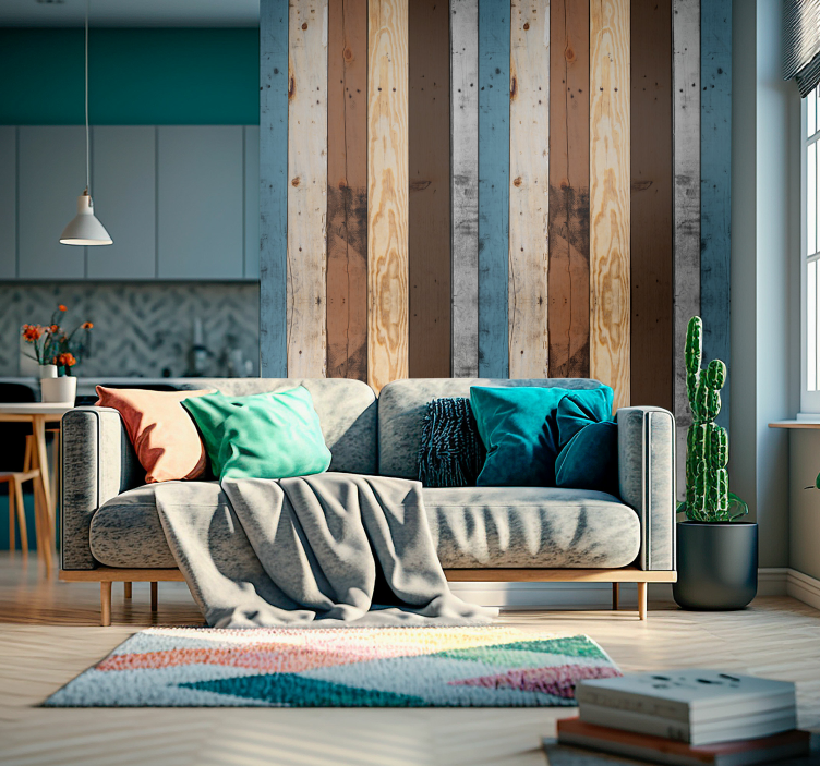 Papel pintado salón imitación madera rayas coloridas - TenVinilo