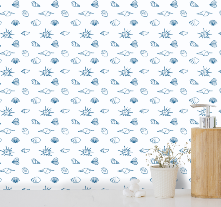 Papel pintado baño Patrón de concha azul fondo blanco - TenVinilo