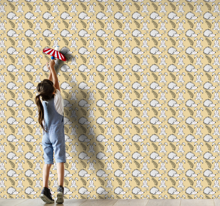 Papel tapiz animales patrón de conejito y erizo - TenVinilo