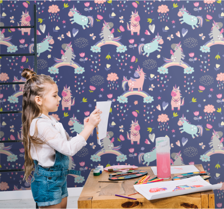 Papel tapiz infantil patrones de unicornio coloridos - TenVinilo