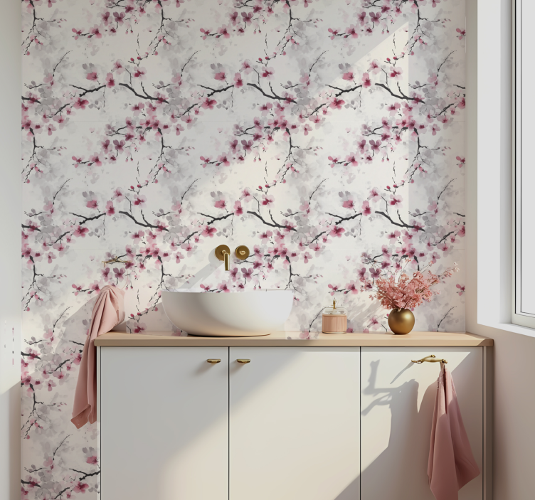 Papel tapiz baño papel pintado de flor de cerezo en tonos rosas - TenVinilo