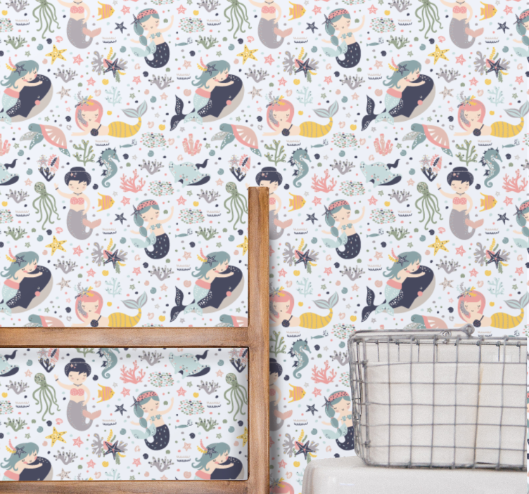 Papel tapiz bebé amigos acuáticos sirena - TenVinilo