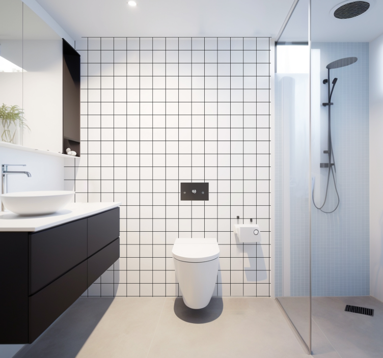 Papel tapiz cuadrados líneas finas en blanco y negro - TenVinilo