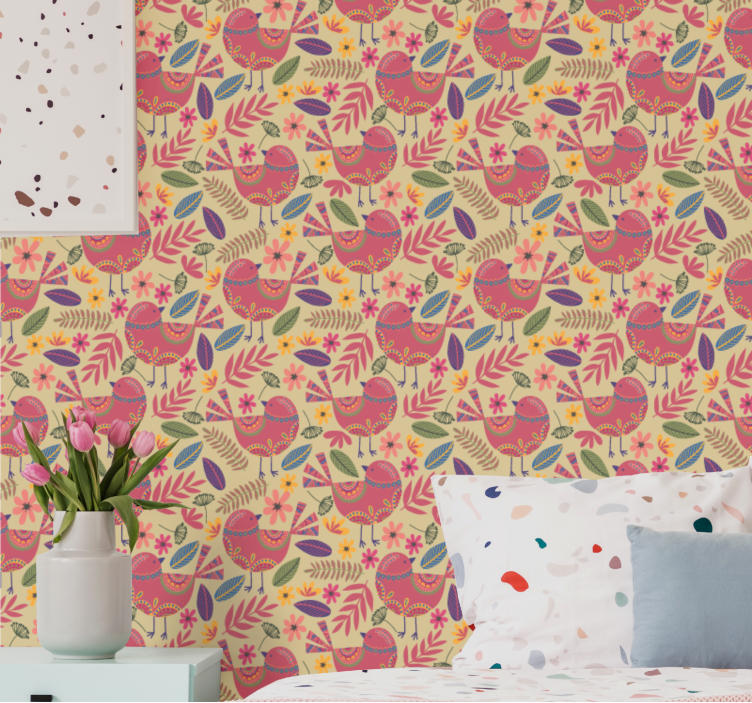 Papel tapiz floral aviar ornamental - TenVinilo