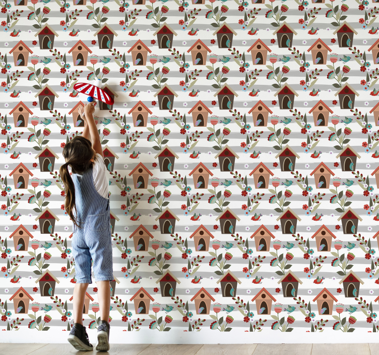 Papel tapiz floral patrón de casas para pájaros con encanto - TenVinilo