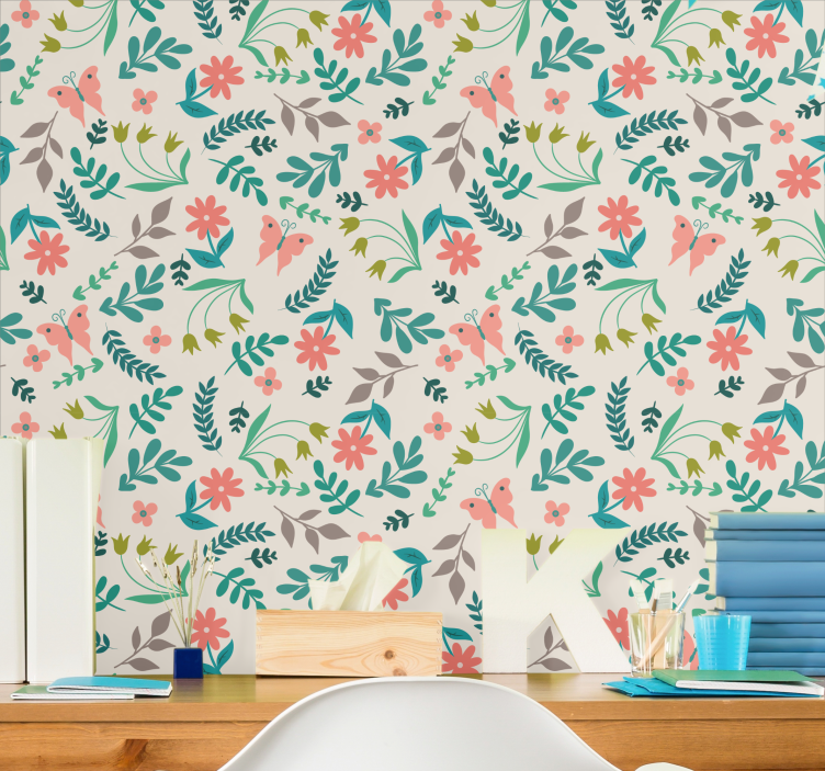 Papel tapiz flores mariposas florales - TenVinilo