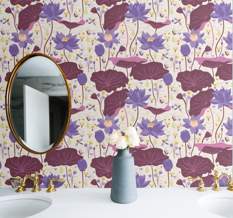 Papel tapiz flores patrón azul y morado - TenVinilo