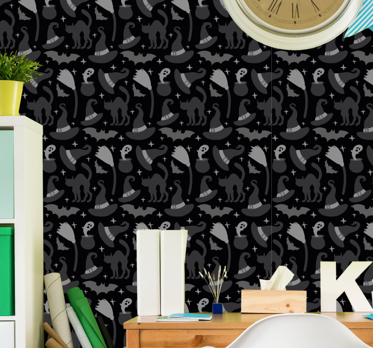 Papel tapiz Halloween sombreros de brujas y fantasmas - TenVinilo