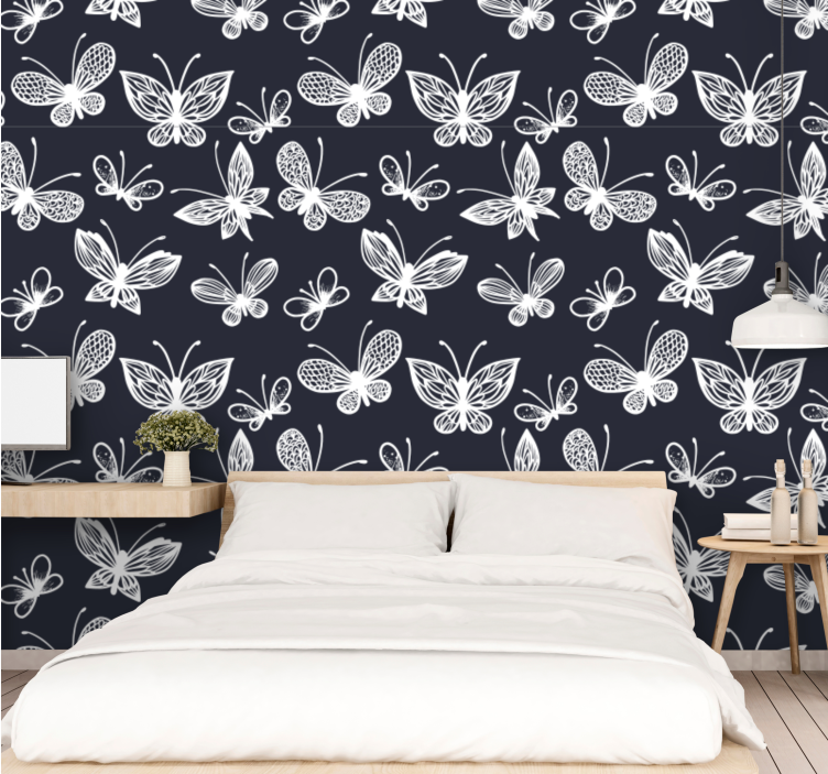 Papel tapiz mariposas patrón azul y blanco - TenVinilo