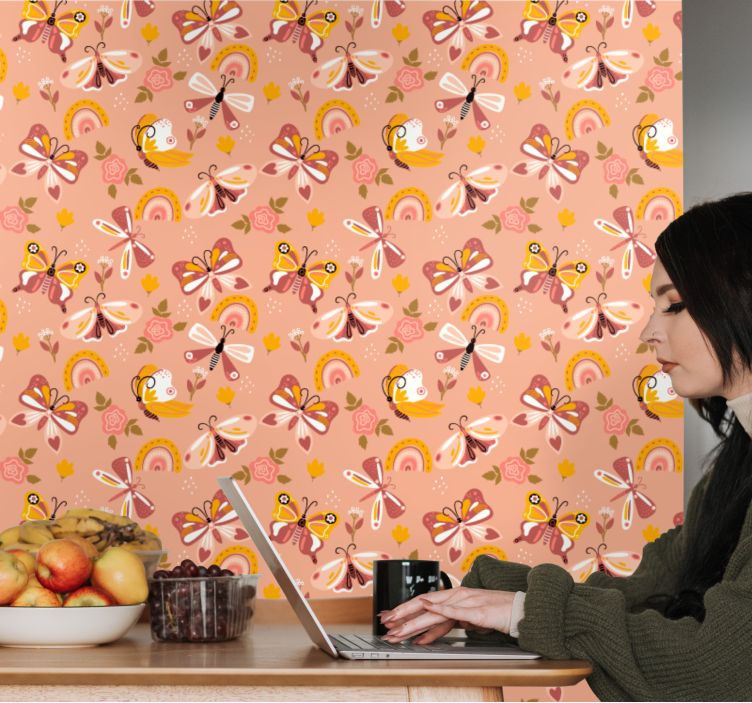 Papel tapiz mariposas patrón de flora de mariposa - TenVinilo