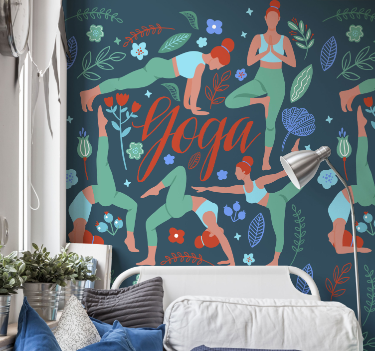 Papel tapiz naturaleza ilustración de posturas de yoga - TenVinilo