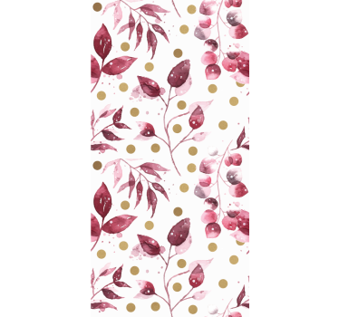 Papel pintado de flores Hojas de color burdeos y puntos dorados - TenVinilo