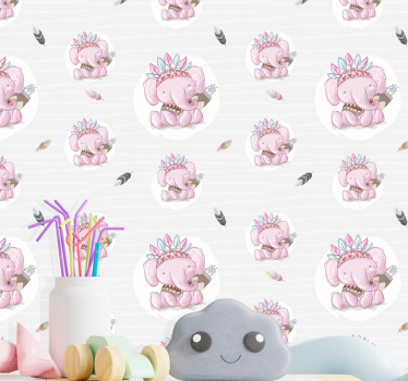 Papel pintado bebé elefante rosa estilo étnico - TenVinilo