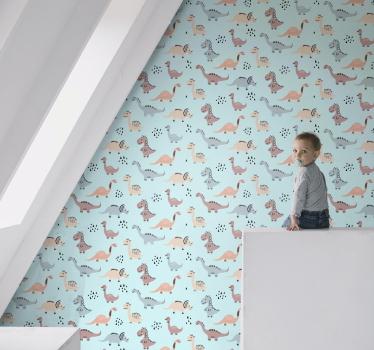 papel pared infantil Fondo azul con dinosaurio amarillo y verde - TenVinilo