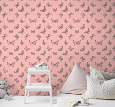 Papel pared rosa con mariposas negras - TenVinilo