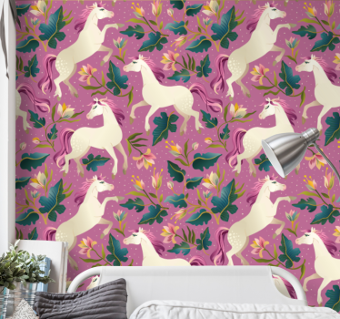 Papel pintado infantil caballos diseño floral - TenVinilo