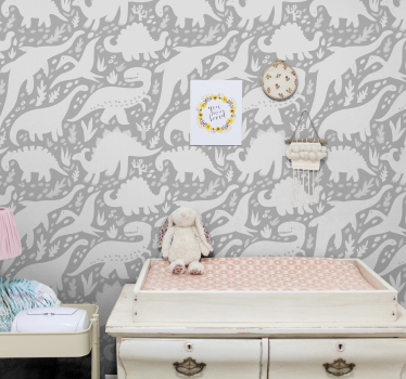 Papel pintado de dinosaurios blanco y gris - TenVinilo