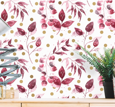 Papel pintado de flores Hojas de color burdeos y puntos dorados - TenVinilo