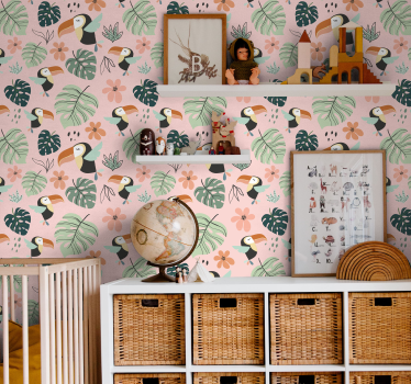 Papel pintado bebé pájaros tucanes y hojas - TenVinilo
