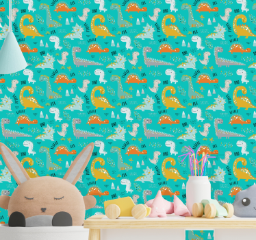 Papel pintado habitación bebe Dinosaurios con texto rugido. - TenVinilo