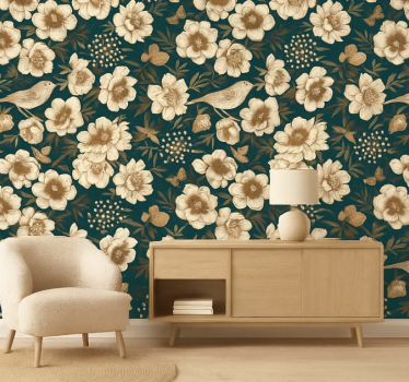 Papel tapiz pájaros estilo botánico vintage - TenVinilo